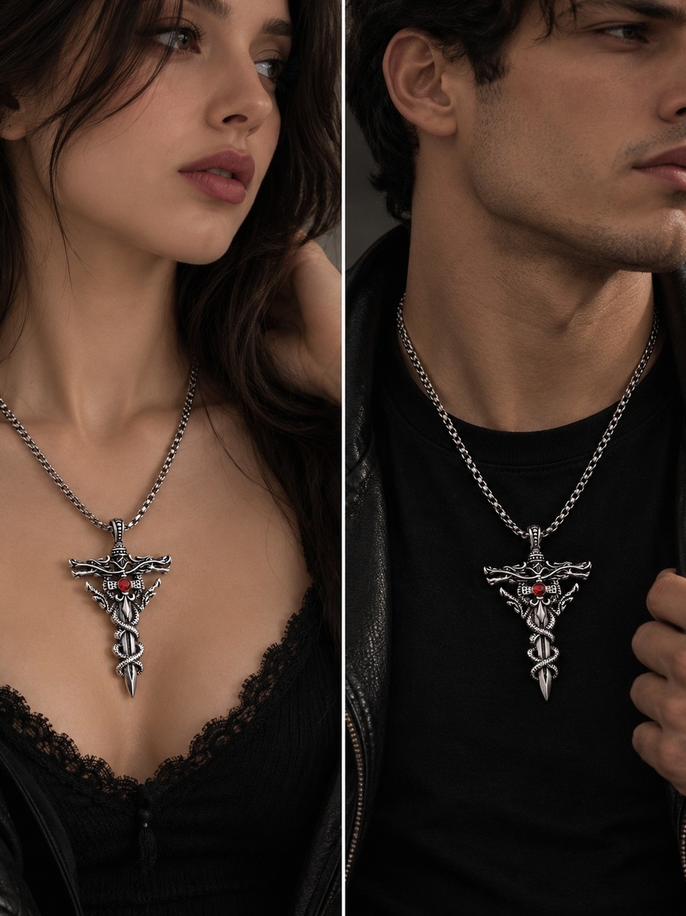 Sterling Silver Caduceus Pendant Necklace with Red Gem - Men Grooming Accessory